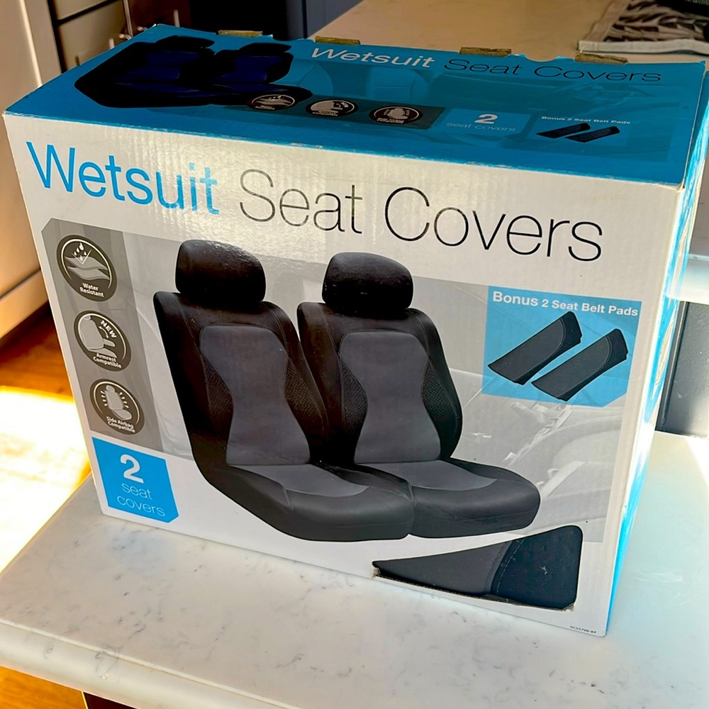2 Wetsuit fabric,  Auto Front Seat Covers. Includes  2 Seat Belt Pads. NEW!